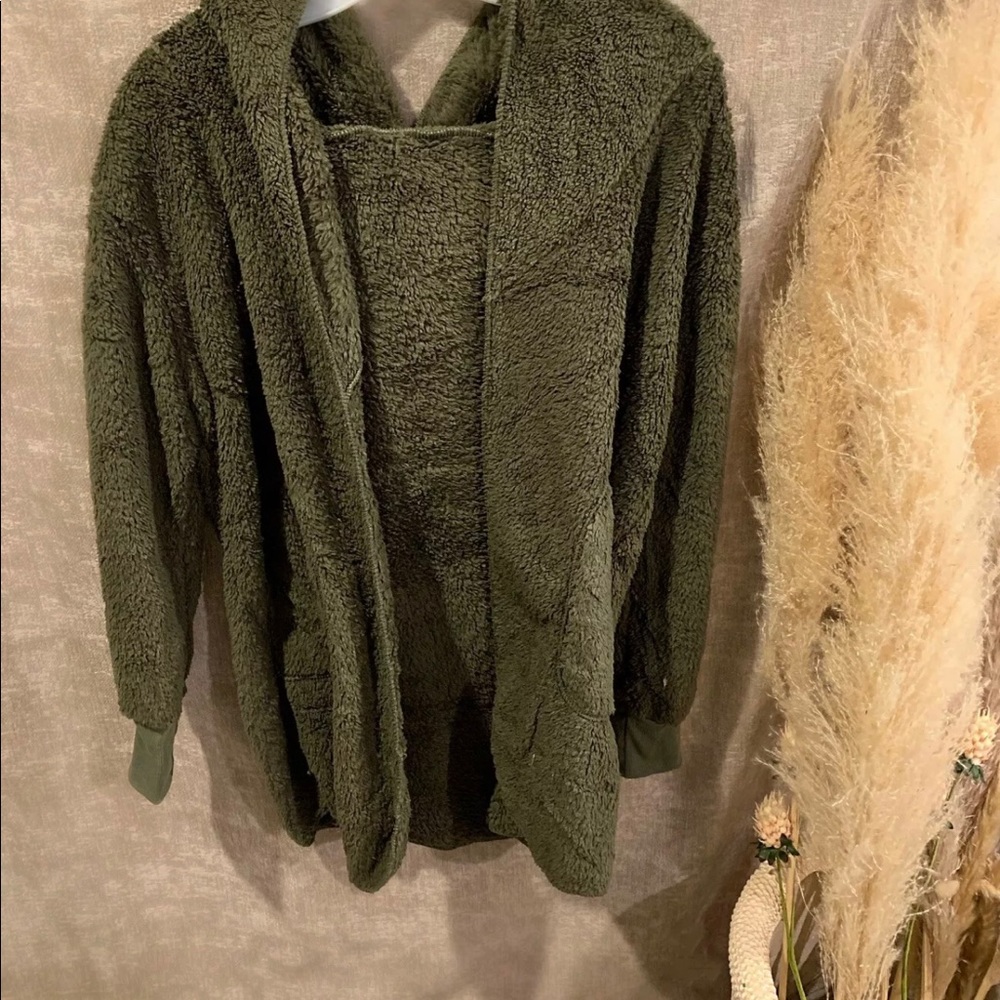 Fuzzy Cardigan, Plaid Tank, Necklace, Beanie - Picture 2 of 8